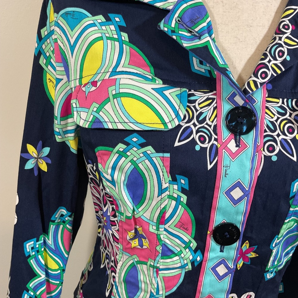 Emilio Pucci Saks Jandel Vintage Navy Psychedelic Floral Jacket Italy Size 12/46 - Picture 5 of 15